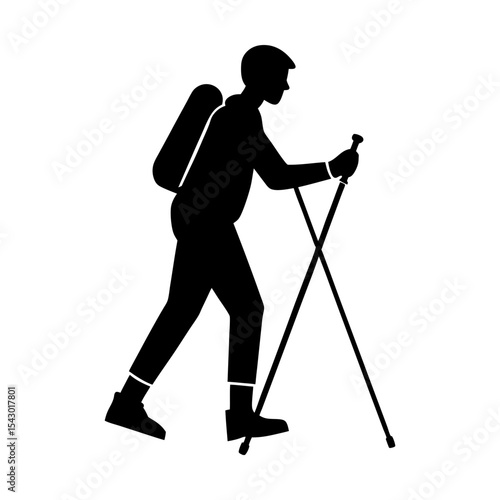 Silhouette of a hiker with backpack using trekking poles for adventure walk