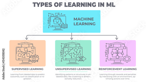 Types of Learning in Machine Learning diagram vector illustration. Color thin line infographic with clean, minimal style. Useful for AI, data science, and analytics presentations