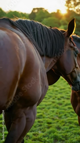 Gentle horse breeding moment in vibrant green pasture