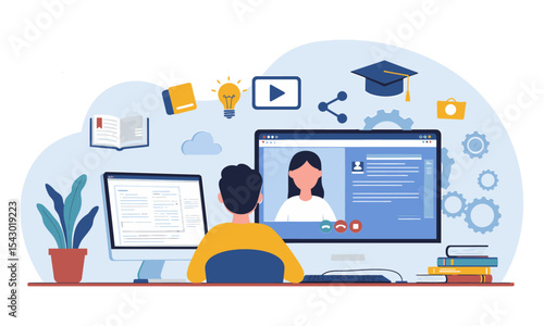 Student Engaged in Online Learning and Virtual Class. This image effectively conveys the concept of remote education, e-learning, and virtual classrooms.