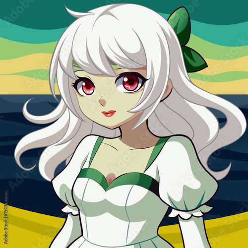 A white-haired maiden wearing a white dress by the sea. Ultra-HD, hyper detailed image