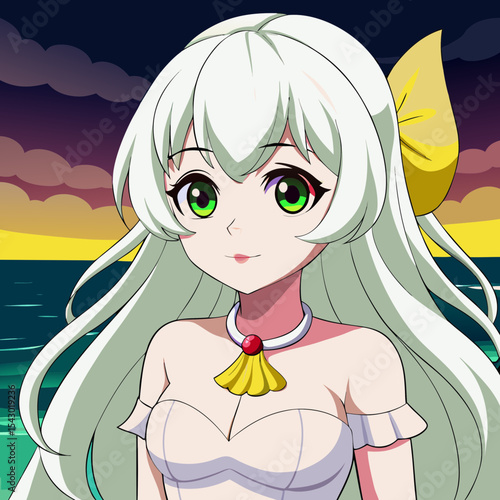 A white-haired maiden wearing a white dress by the sea. Ultra-HD, hyper detailed image