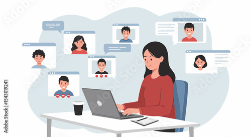 Woman Engaged in Online Group Video Call or Conference. A woman participates in an online group video call from her laptop.