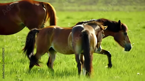 Graceful horses in lush green pasture moving slowly
