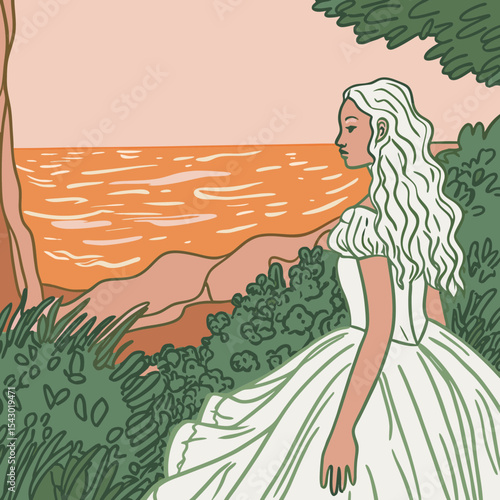 A white-haired maiden wearing a white dress by the sea. Ultra-HD, hyper detailed image