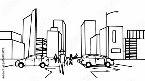 Line drawing of a city street with cars, people, and buildings in black and white style sketch created with generated ai