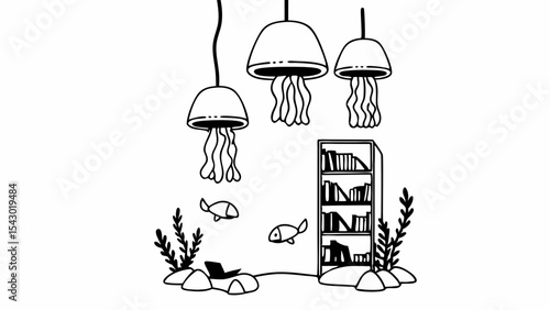 Illustration of an underwater scene with jellyfish lamps and a bookshelf in black and white style created with generated ai