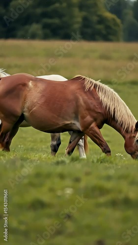 Slow-motion horses in a beautiful pasture with soft golden lighting