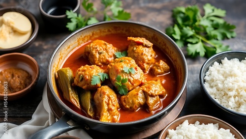 Congolese moambe chicken stew in a cast-iron pan with cassava leaves and rice on the side