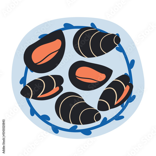 Mussels on plate isolated on white background, Fresh New Zealand mussels on illustration vector isolated on white background. Asian or Mediterranean sea food