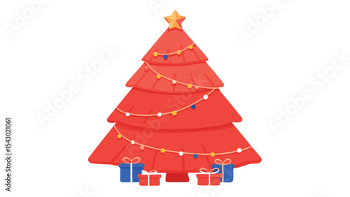 Illustration of a red christmas tree decorated with lights and star with gifts underneath it nicely