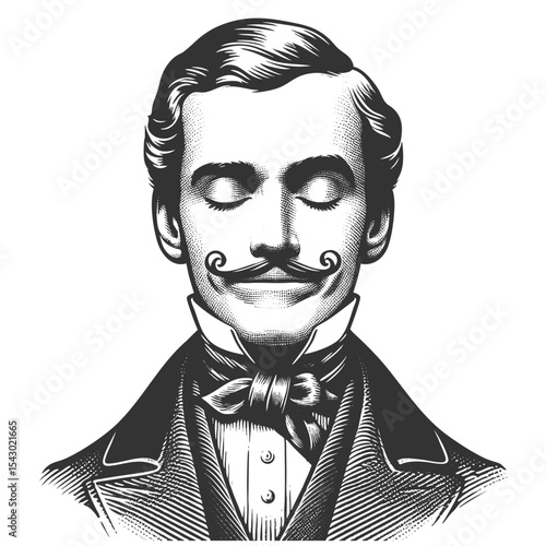 solemn funny young man with closed eyes sketch engraving generative ai fictional character vector illustration. Scratch board imitation. Black and white image.