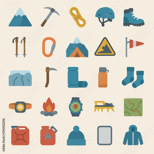 Climbing, Mountaineering and Camping Equipment Icons, Flat Lay