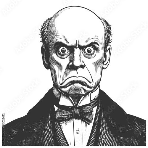 Funny angry, scowling man in old-fashioned formal clothing with an exaggerated frown and intense expression sketch engraving generative ai fictional character vector. Scratch board. Black and white.