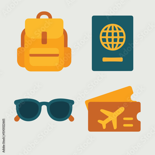Vacation essentials: backpack, passport, sunglasses, and tickets.