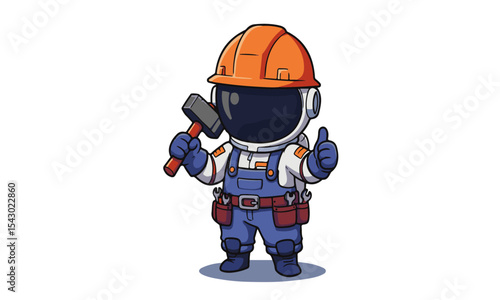 Astronaut Builder Character with Hammer cartoon illustration of an astronaut dressed in construction overalls and a hard hat, confidently holding a hammer and giving a thumbs-up.