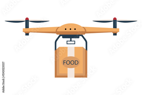 Vector illustration of a modern delivery drone flying with a cardboard food package labeled “FOOD” on white background. Concept of futuristic contactless delivery, logistics, technology and e-commerce