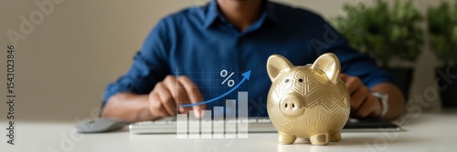 Person working on a computer, interacting with a financial graph and piggy bank.