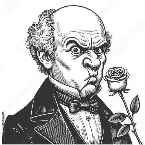 Funny serious bald man sniffing a rose with a highly skeptical and intense expression sketch engraving generative ai fictional character vector illustration. Scratch board. Black and white image.