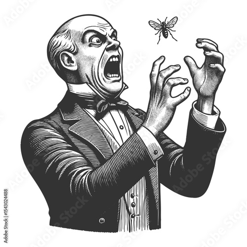 Funny terrified Victorian gentleman recoiling in fear as a bee flies near him sketch engraving generative ai fictional character vector illustration. Scratch board imitation. Black and white image.