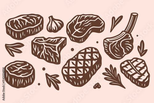 Meat steaks and herbs hand drawn sketch vector illustration