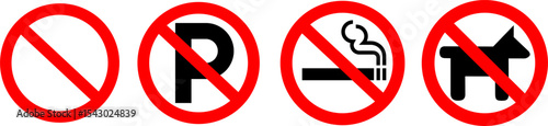 general prohibition, no smoking, no parking, and no dog signs isolated on white background.  