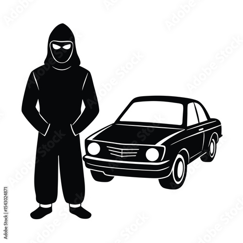Masked figure beside classic car silhouette.