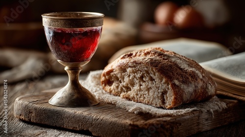 Sacred Communion: A beautifully lit image captures a traditional communion setting, featuring a chalice filled with red wine and a loaf of bread, with historical context.