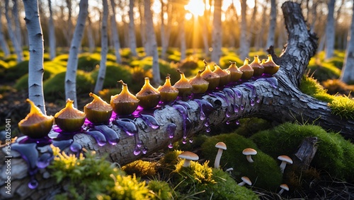 Figs arranged on log with drips in forest landscape