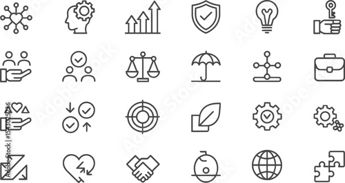 Scalable Business Icons Set for Branding and Marketing Projects:  A collection of linear style icons representing growth, teamwork, protection, and innovation ideal for web design and app development.
