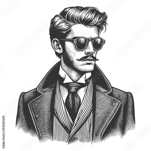 stylish man with slick hair, mustache, sunglasses, and vintage clothing in a confident pose sketch engraving generative ai fictional character vector illustration. Scratch board. Black and white.