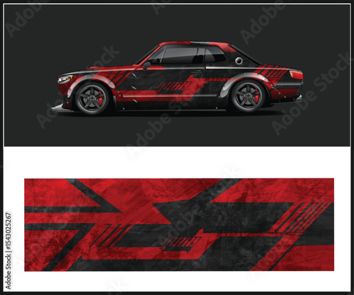 Red and Black Abstract Car Wrap Design for Racing