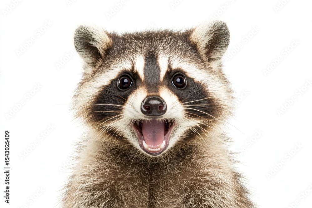Fototapeta premium A Playful Raccoon with an Expressive Face Smiling Brightly Against a Solid White Background, Showcasing Its Adorable Features and Engaging Personality