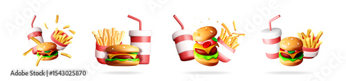 3D fast food menu set with burger, soda cup, and french fries. Cafe or restaurant advertising for street food.