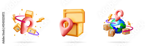 Shipping location pin 3d icon for delivery service. Fast parcel transfer with cardboard box. Global logistics.