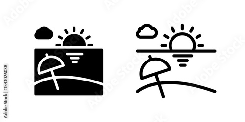 Icons depicting beach landscapes with sunset, ideal for travel, vacation, and relaxation themes.