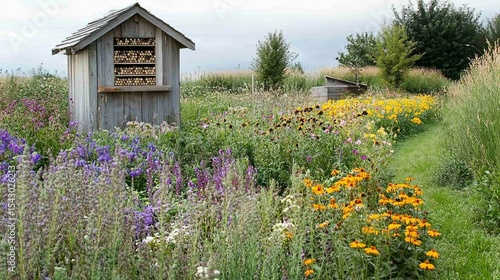 bee hotel and flower patch in corner of organic farm .