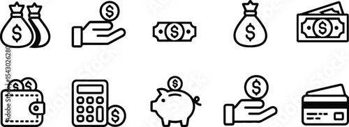 A set of clean financial icons ideal for website design app development or branding projects featuring money bags coins banknotes piggy banks and credit cards