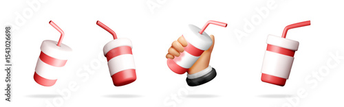 Set of soft drink cup with straw and hand holding soda cup for fast food and street beverage concept.