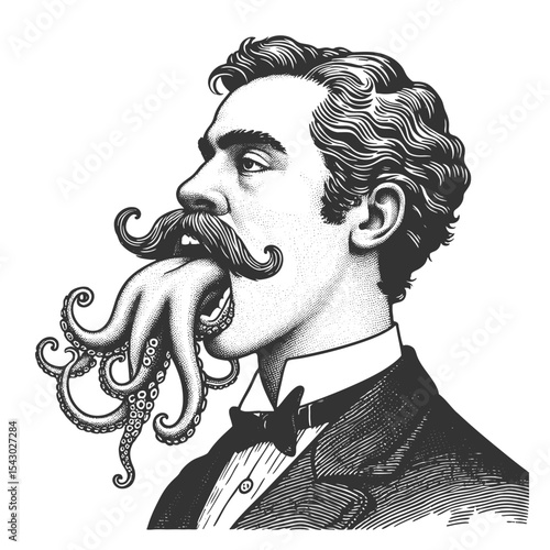man in formal attire with an octopus coming out of his mouth in bizarre fashion sketch engraving generative ai fictional character vector illustration. Scratch board imitation. Black and white image.