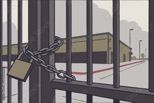 Locked industrial gate with padlock and chain securing empty facility