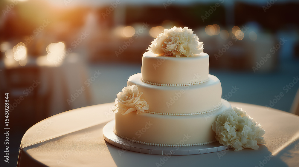 Fototapeta premium Elegant three-tiered wedding cake adorned with white flowers captures romantic sunset lighting