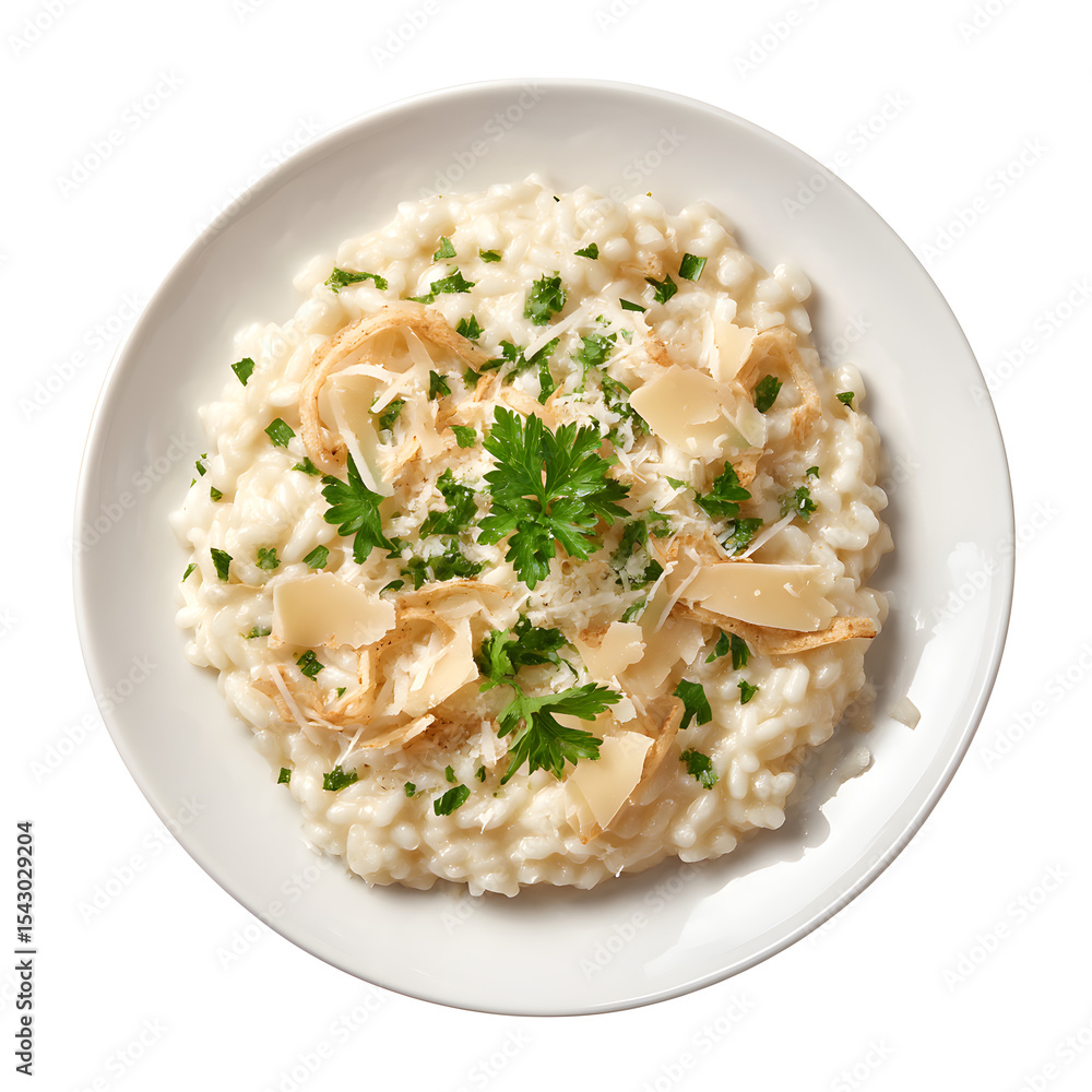Gourmet flat-lay of risotto plate with parmesan curls and parsley flakes, isolated on transparent background Gourmet flat-lay of risotto plate with parmesan curls and parsley flakes, isolated on transparent background