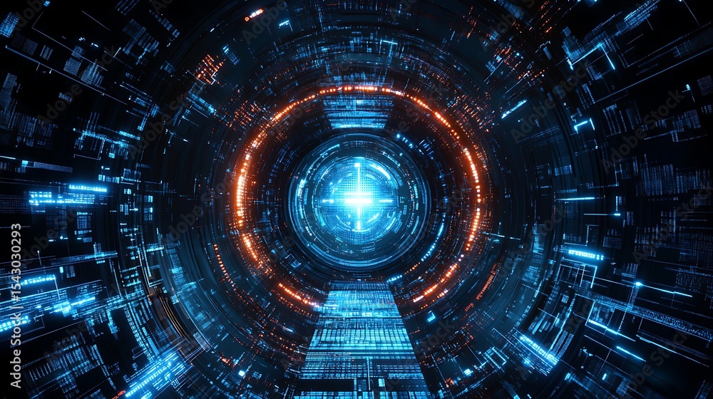 Fototapeta premium Futuristic digital tunnel with glowing rings