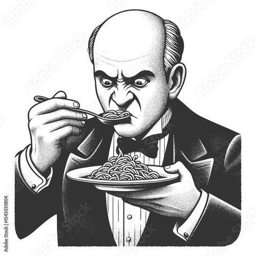 Funny displeased Victorian gentleman examining a forkful of spaghetti with intense suspicion sketch engraving generative ai fictional character vector illustration. Scratch board. Black and white.
