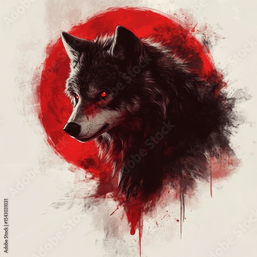 A fierce wolf with glowing red eyes set against a vivid red sun backdrop, depicted in a dramatic and artistic style.