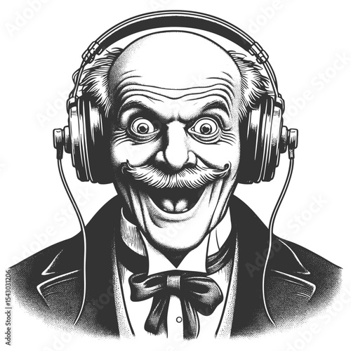 joyful bald man in formal attire wearing headphones laughing heartily while listening to music sketch engraving generative ai fictional character vector illustration. Scratch board. Black and white.
