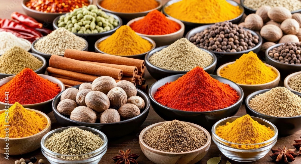 Diverse Cooking Spices Collection Powders Seeds Chili Flakes Diverse Cooking Spices Collection Powders Seeds Chili Flakes