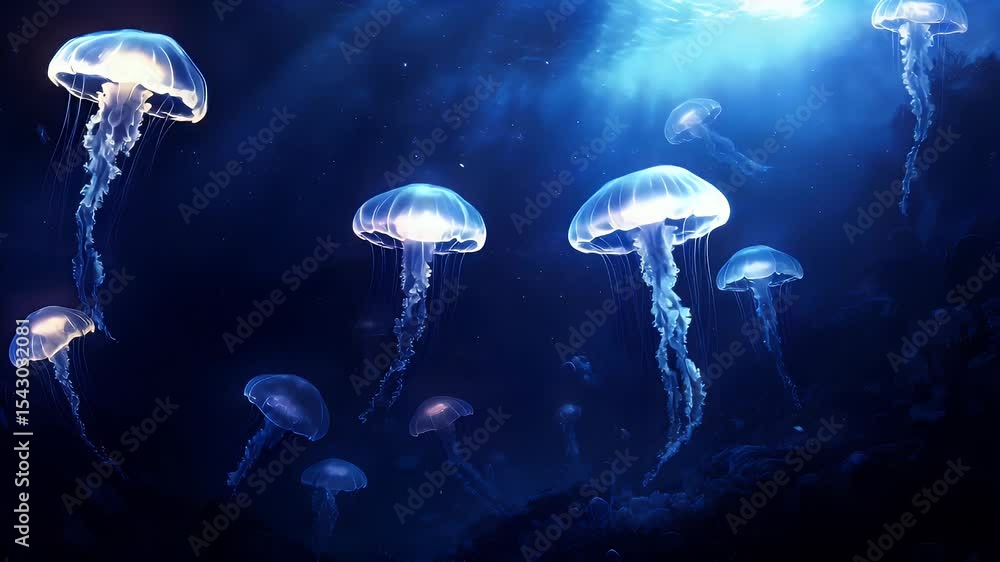 Glowing jellyfish in deep blue ocean Glowing jellyfish in deep blue ocean