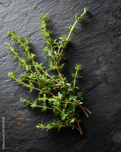 Fresh thyme branches arranged on dark slate background, showcasing vibrant green leaves